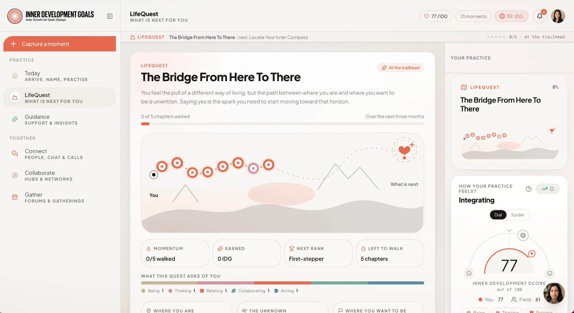 Inner Development Goals LifeQuest screen: a quest journey across a landscape with chapter progress, competencies and an inner development score