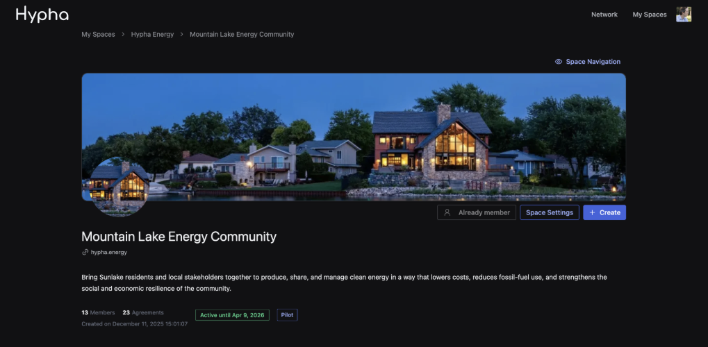 Hypha Energy screen: Mountain Lake Energy Community space with a lakeside banner, member and agreement counts, active and pilot badges
