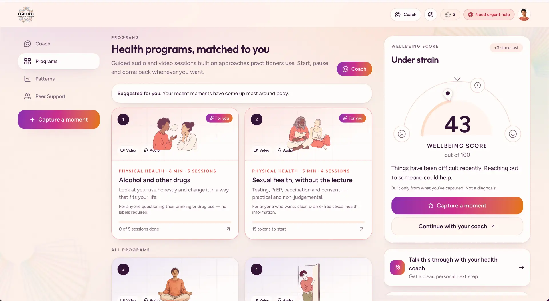 LGBTIQ+ Health Australia programmes screen: guided wellbeing programme cards beside a wellbeing score gauge