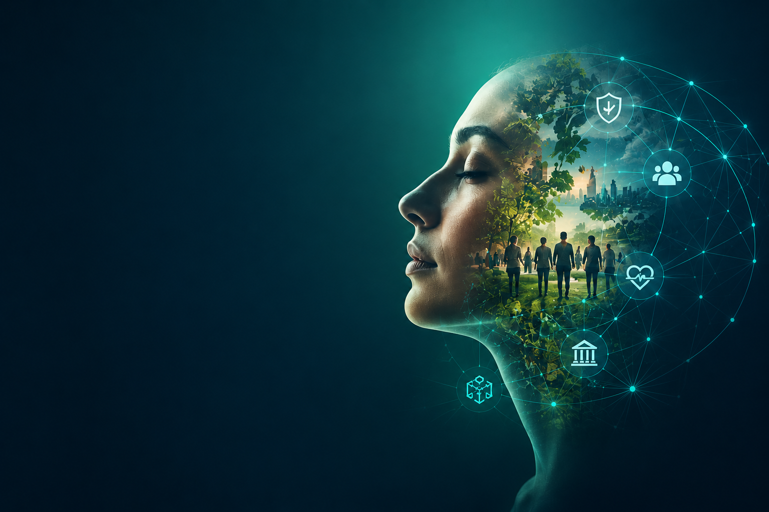 Human profile merged with a living network of wellbeing, identity and community icons