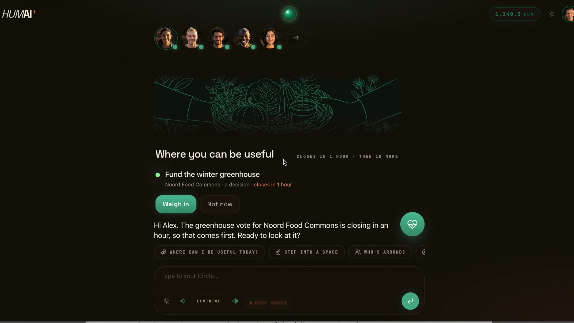 Circle app screen: Good afternoon, Alex, with where you can be useful, the Fund the winter greenhouse initiative and Weigh in / Not now buttons