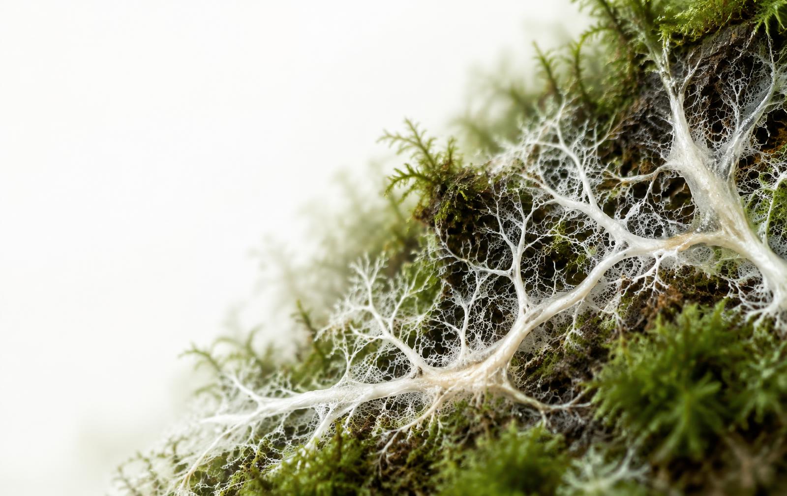 Delicate white mycelium branching across green forest moss